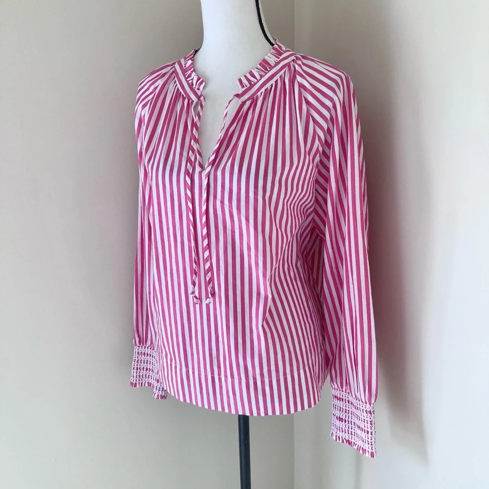 J Crew Smocked-cuff popover top in Pink and White stripe Size S